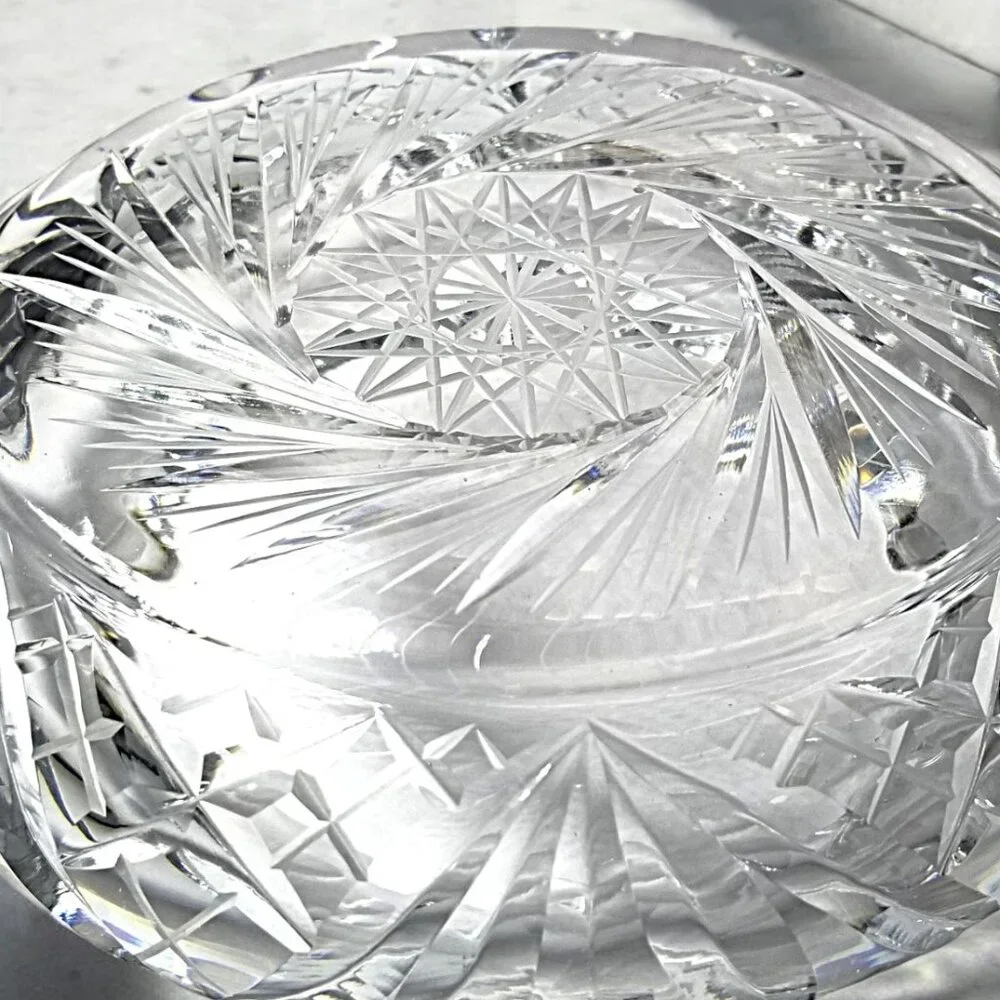 Bohemian Cut Crystal Heavy Ashtray-Exquisite Czech Pinwheel Swirl & Star Design
